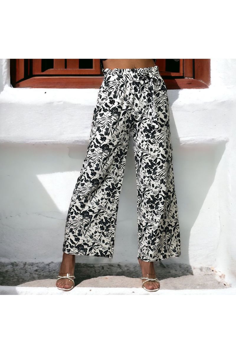 Pantalon palazzo imprimé fleuris blanc - 1