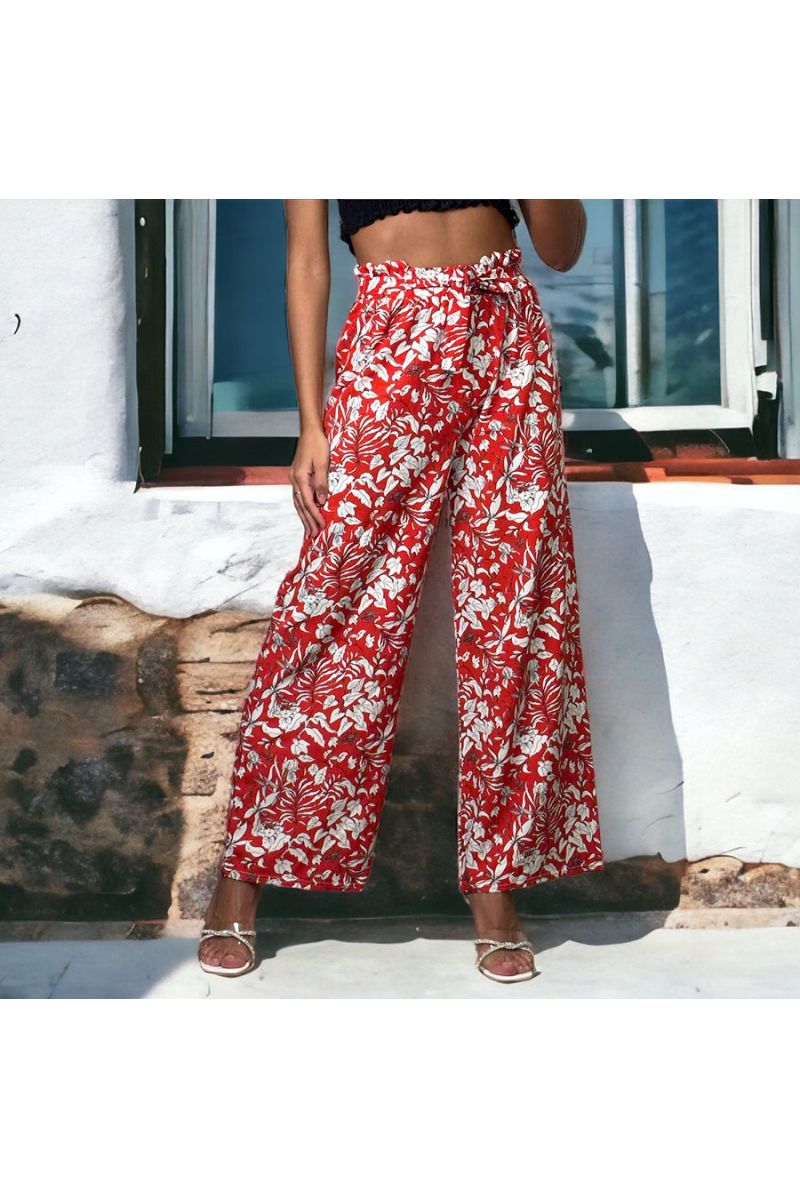 Pantalon palazzo imprimé fleuris rouge - 1