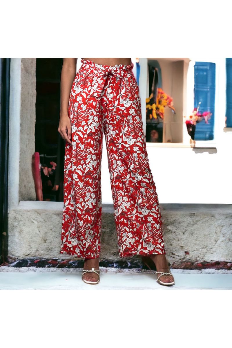 Pantalon palazzo imprimé fleuris rouge - 2