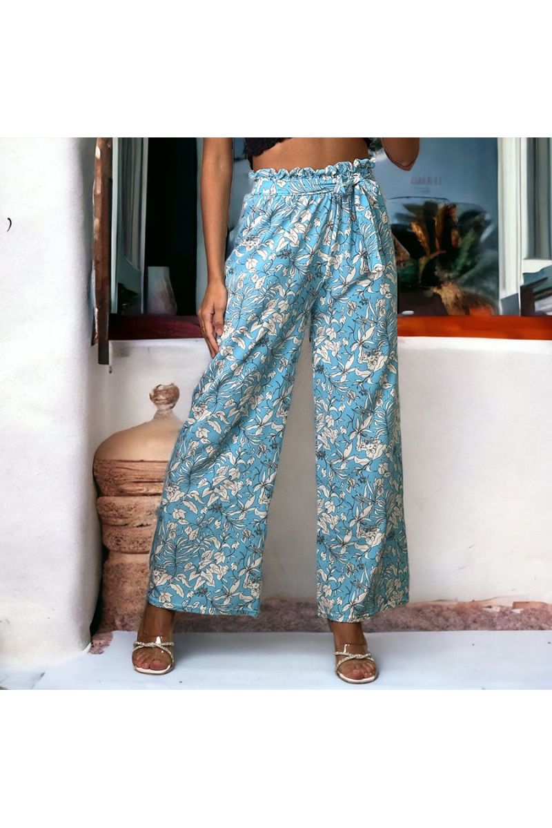 Pantalon palazzo imprimé fleuris bleu - 1