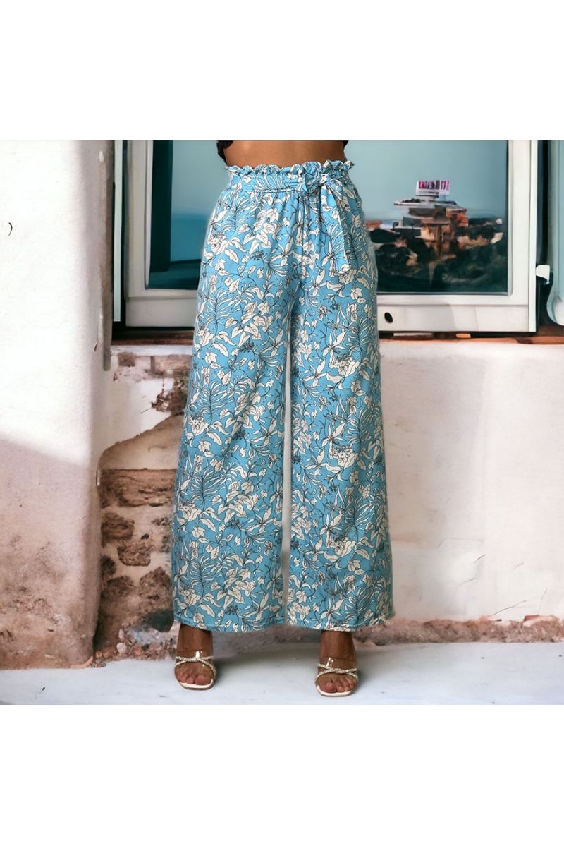 Pantalon palazzo imprimé fleuris bleu - 2