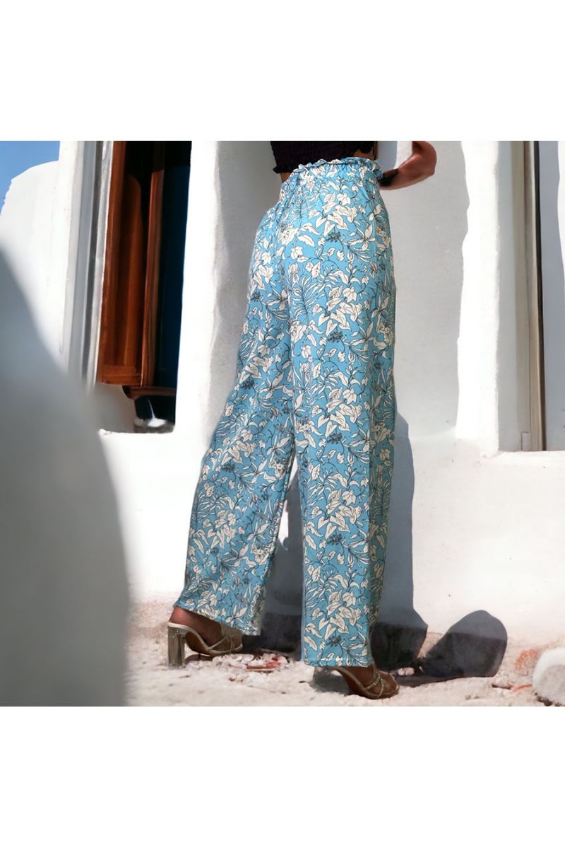 Pantalon palazzo imprimé fleuris bleu - 3