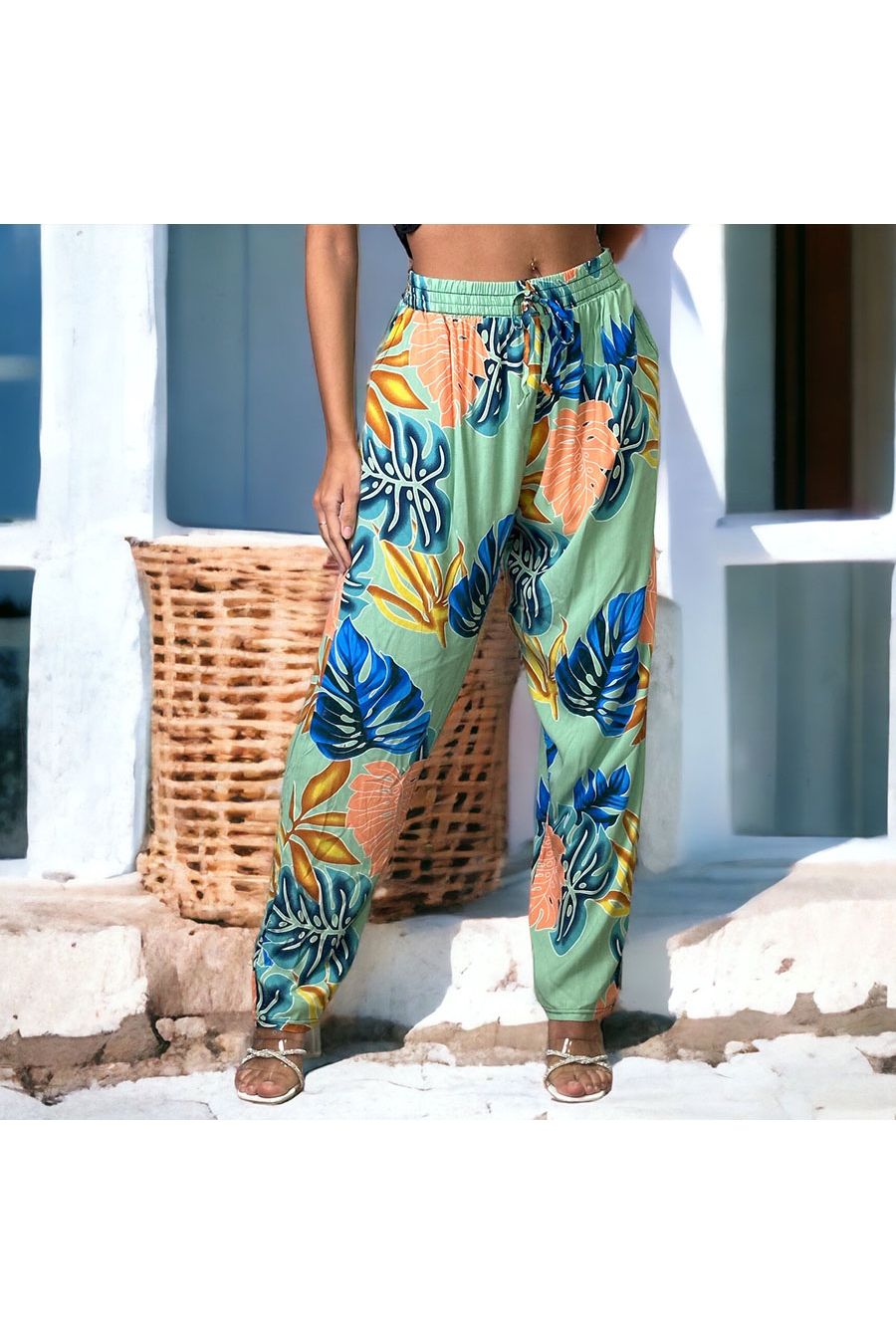 Pantalon palazzo vert imprimé tropical - 2