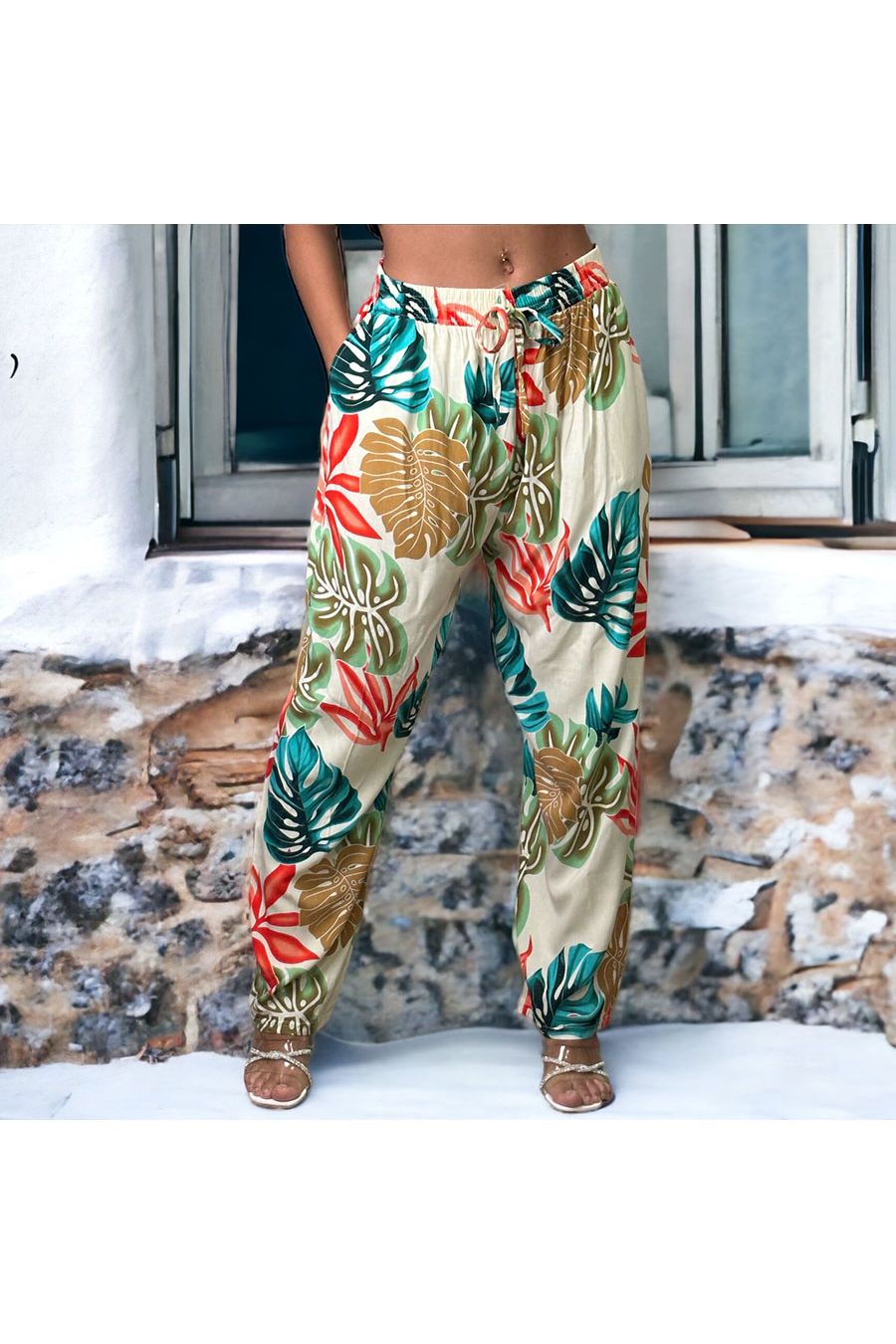 Beige palazzo broek met tropische print - 1
