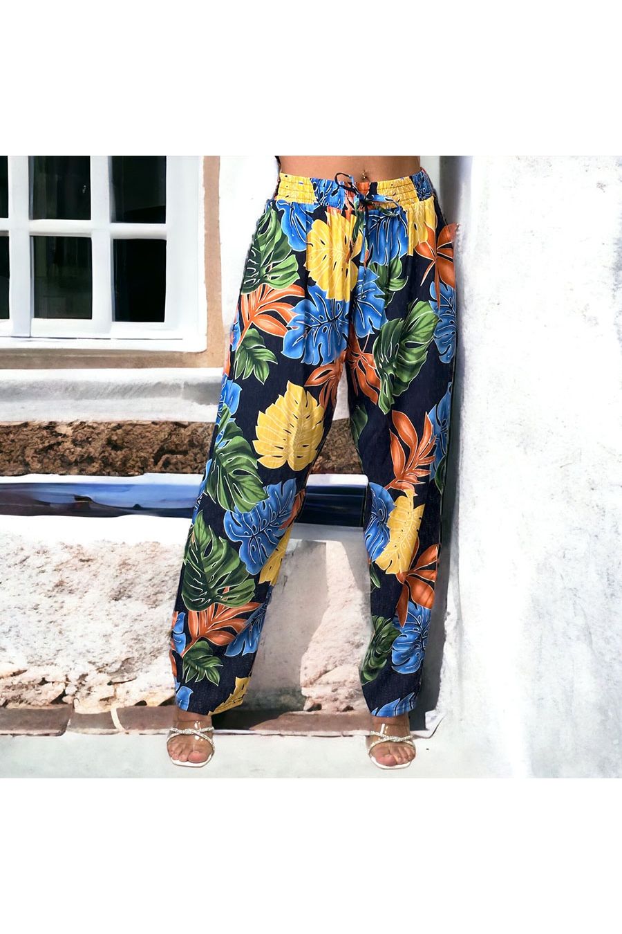 Navy tropical print palazzo pants - 2