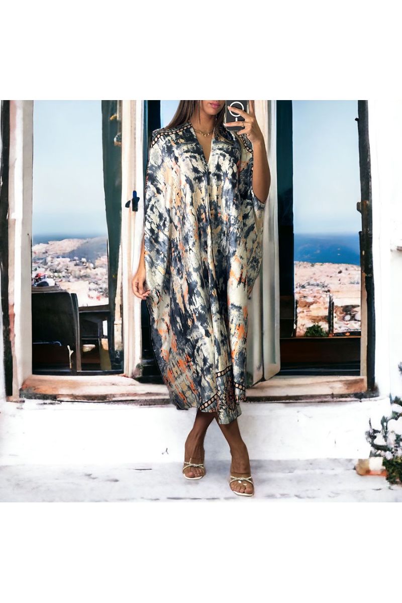 Oversized satin buttoned dress with black pattern - 1