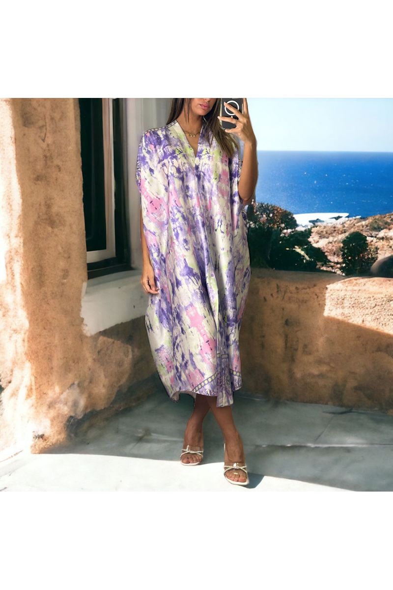 Lilac pattern satin buttoned dress over size fit - 1