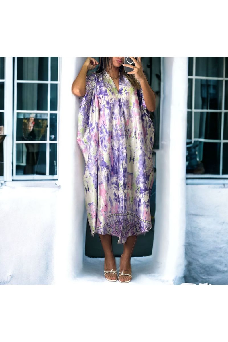 Lilac pattern satin buttoned dress over size fit - 2