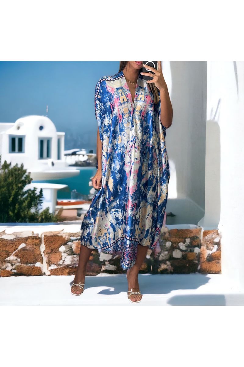 Oversized royal pattern satin buttoned dress - 1