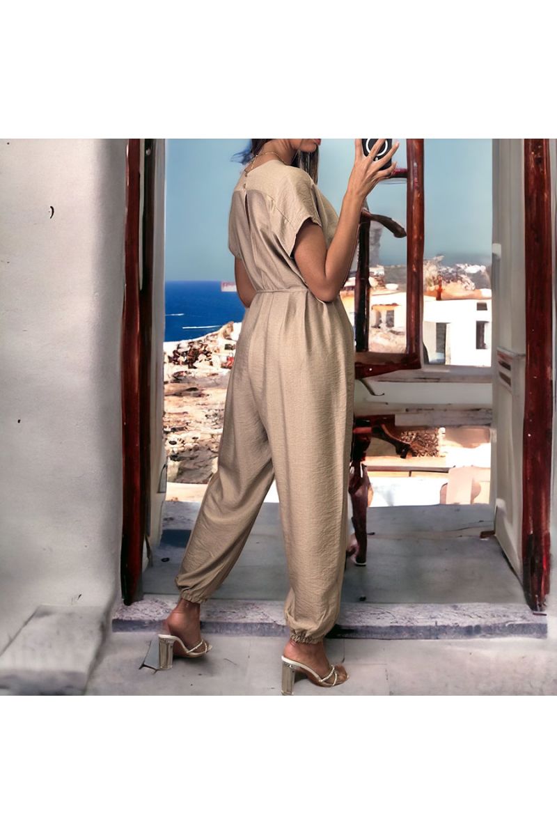 Taupe oversized V-neck jumpsuit - 4