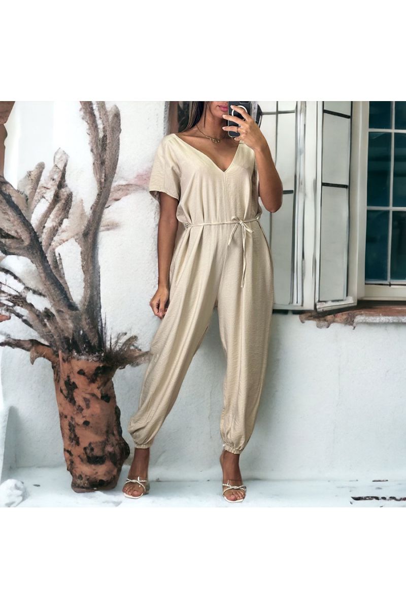 Beige oversized jumpsuit met V-hals - 1