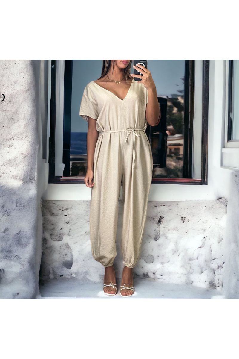 Beige oversized jumpsuit met V-hals - 2