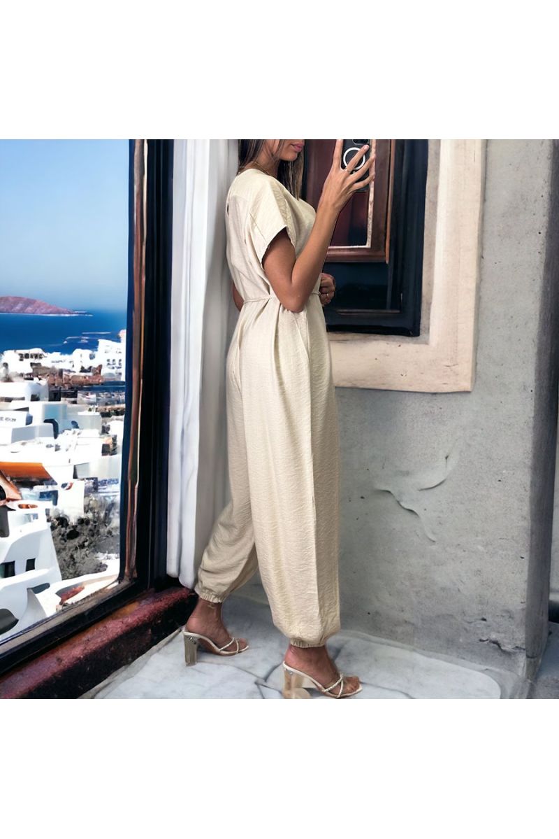 Beige oversized jumpsuit met V-hals - 3