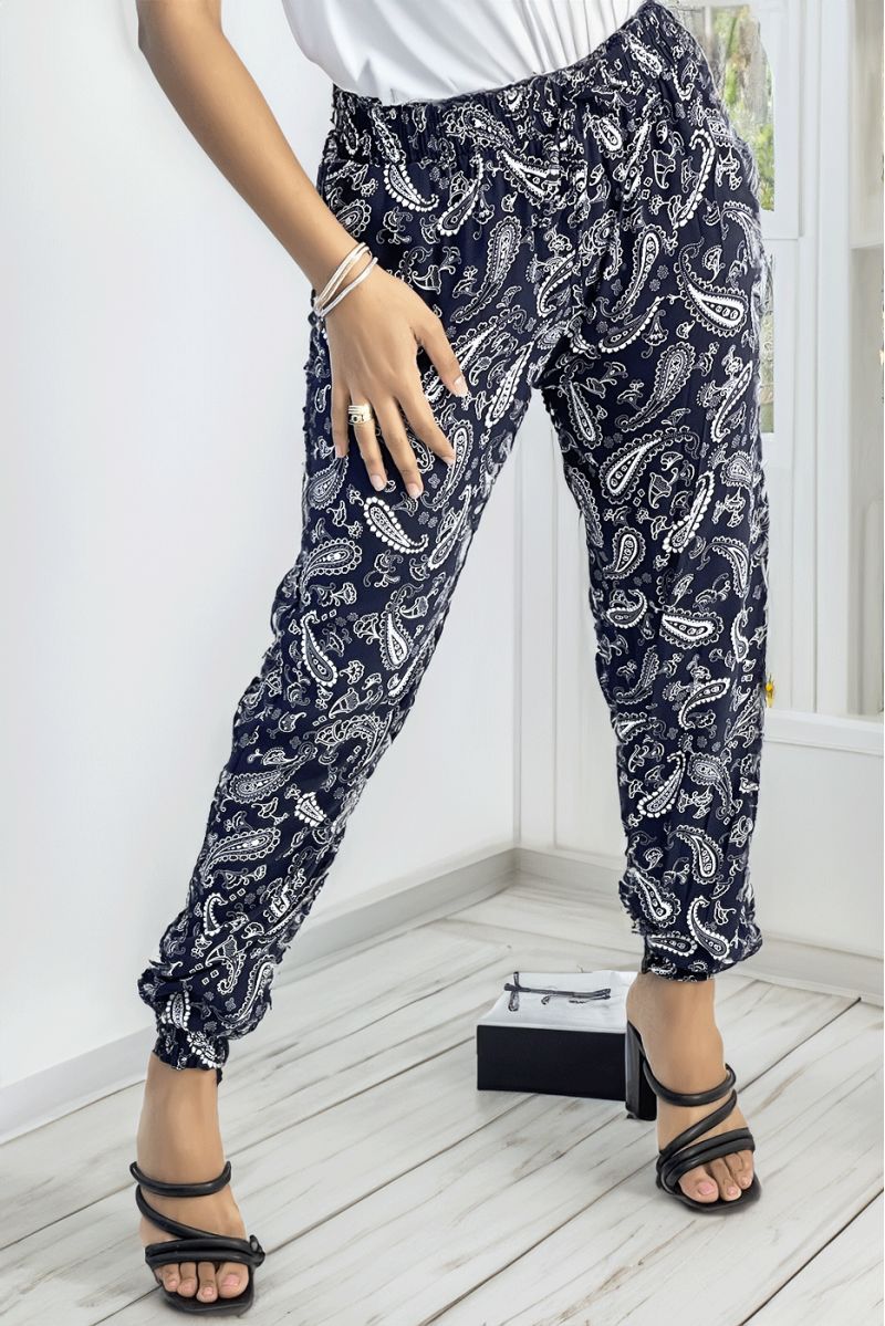 Flowing navy pants with Aztec pattern with pretty bow at the waist - 1