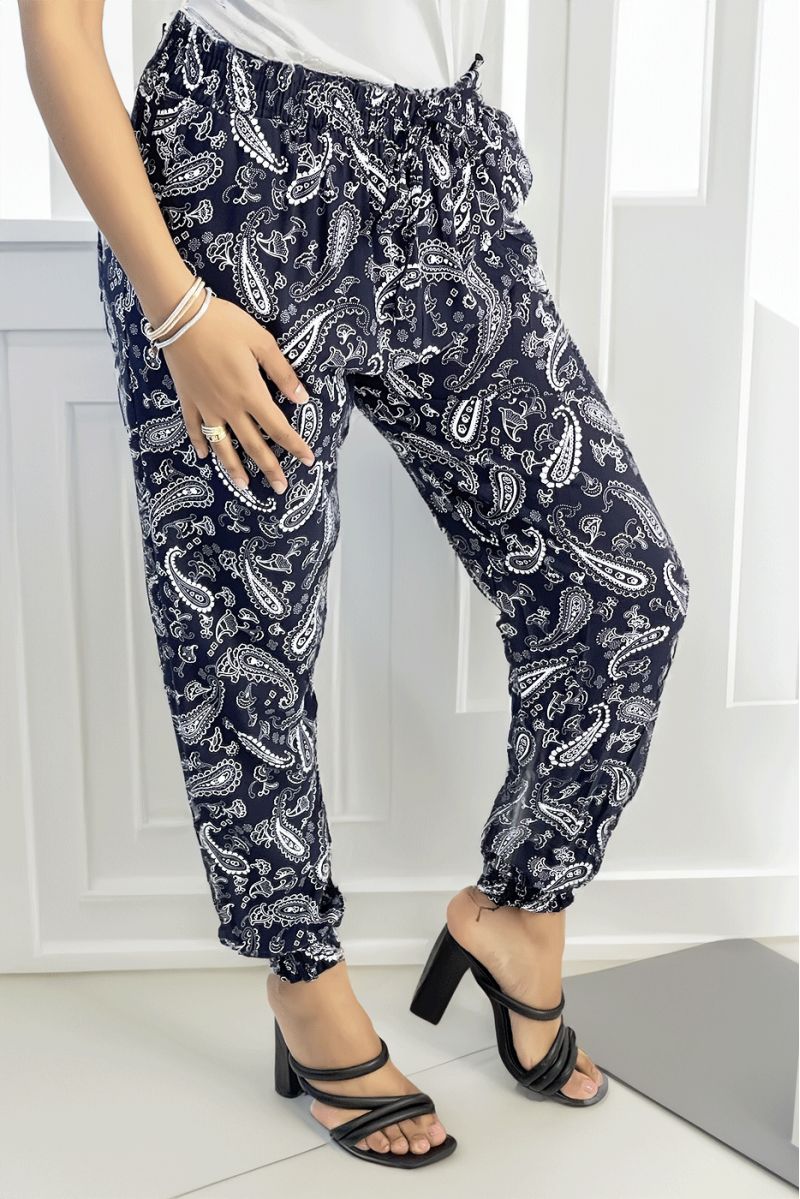 Flowing navy pants with Aztec pattern with pretty bow at the waist - 2