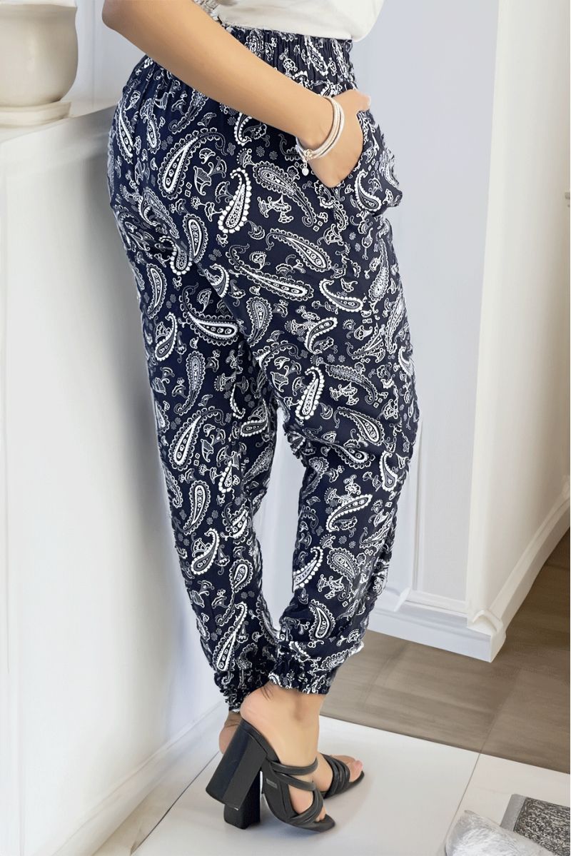 Flowing navy pants with Aztec pattern with pretty bow at the waist - 3