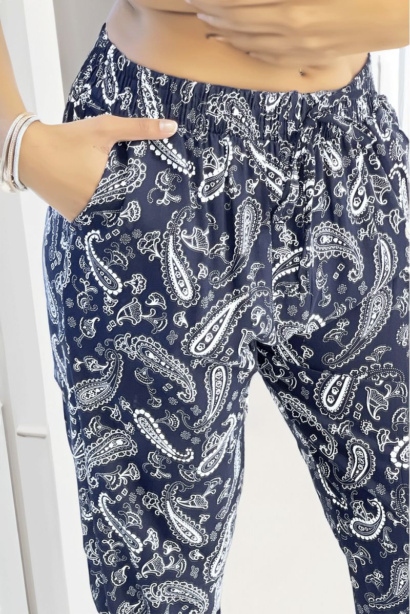 Pantalon fluide marine à motif aztèque avec joli noeud à la taille - 4