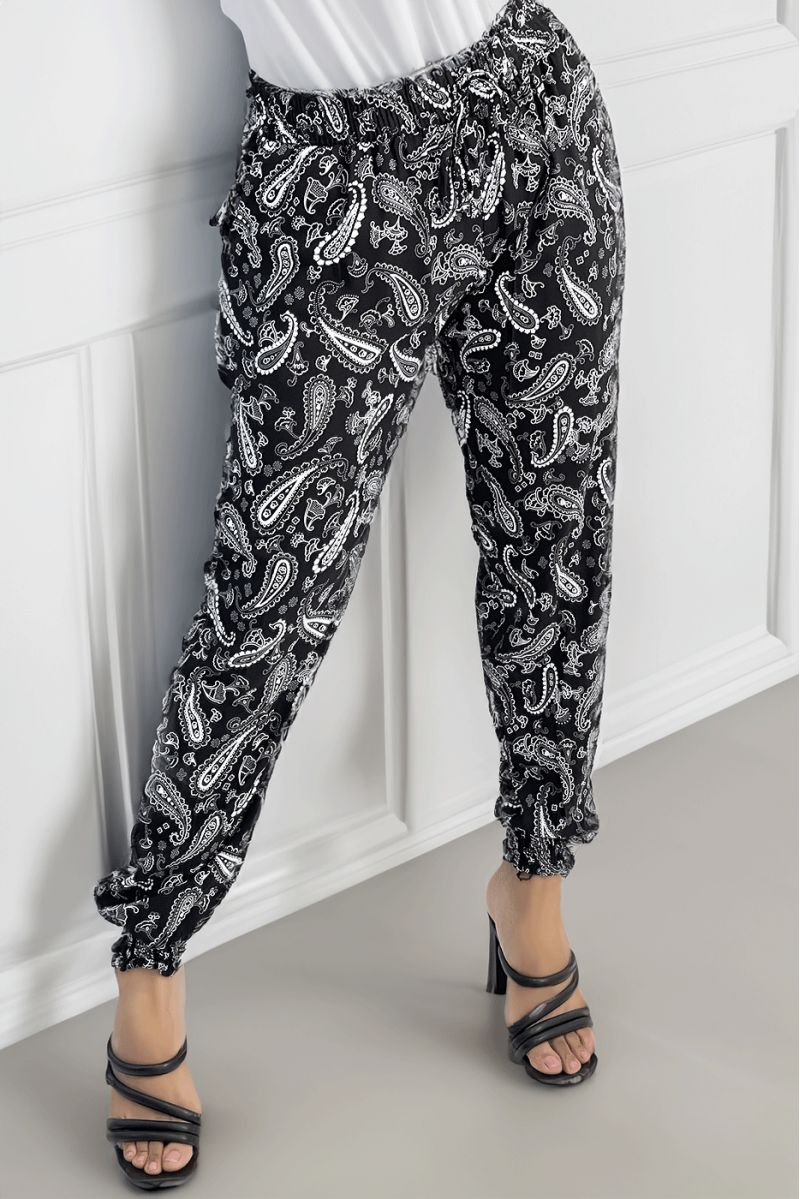 Flowing black pants with Aztec pattern with pretty bow at the waist - 1