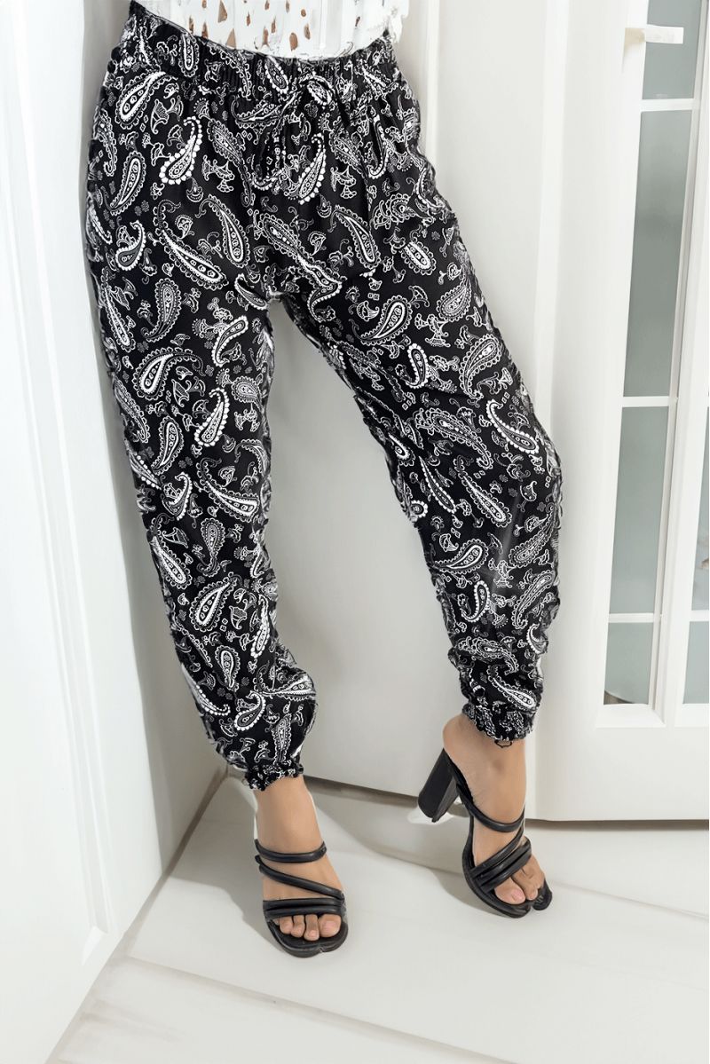 Flowing black pants with Aztec pattern with pretty bow at the waist - 2