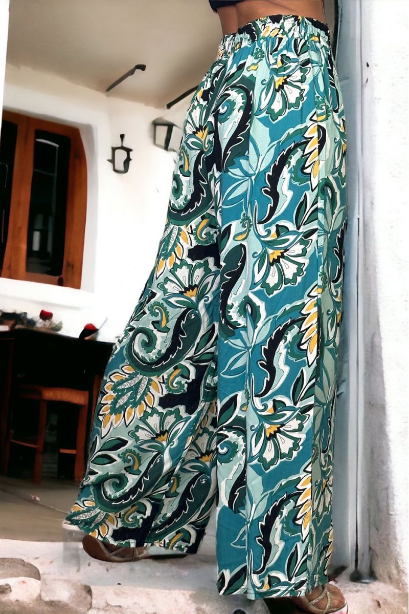 Pantalon palazzo vert imprimé - 1