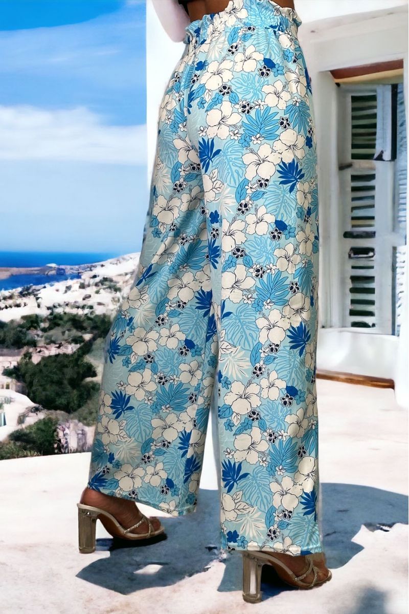 Pantalon palazzo imprimé fleuris turquoise - 1