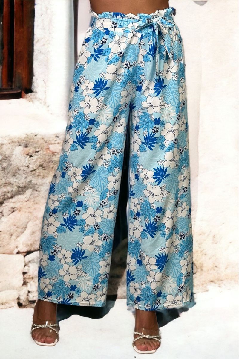 Pantalon palazzo imprimé fleuris turquoise - 2