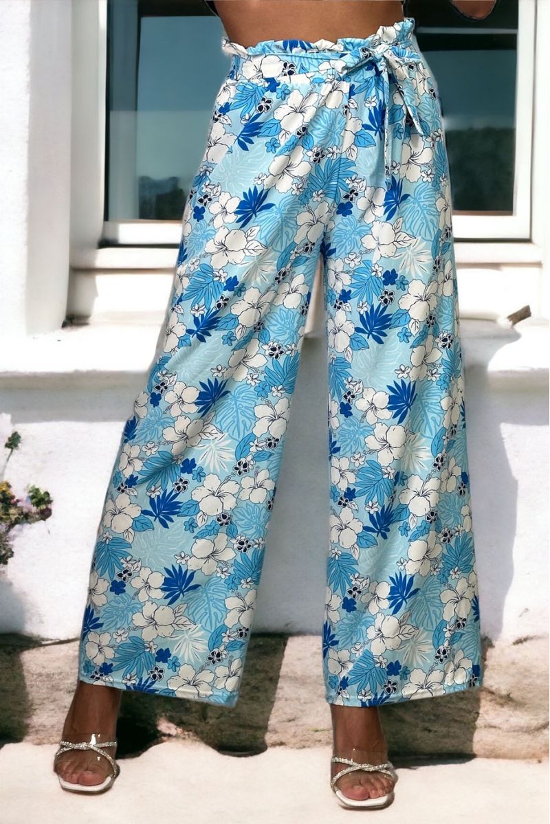 Pantalon palazzo imprimé fleuris turquoise - 3