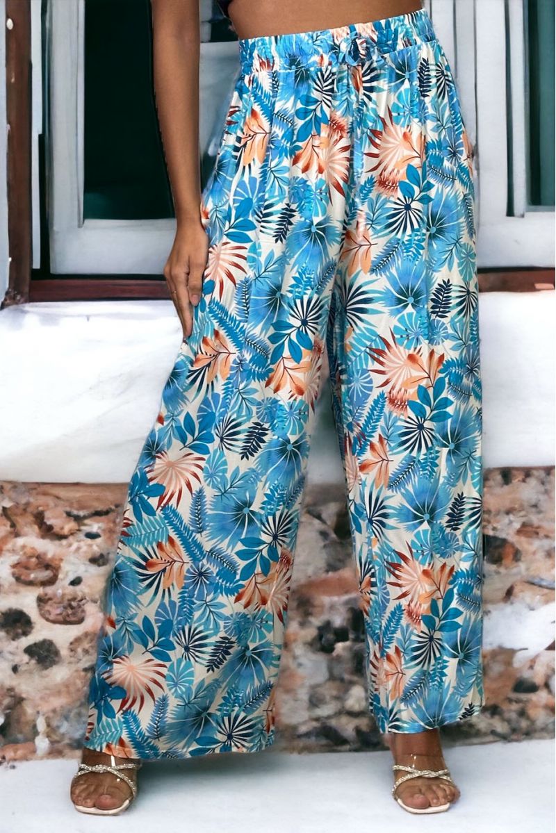 Pantalon palazzo turquoise imprimé tropical - 3
