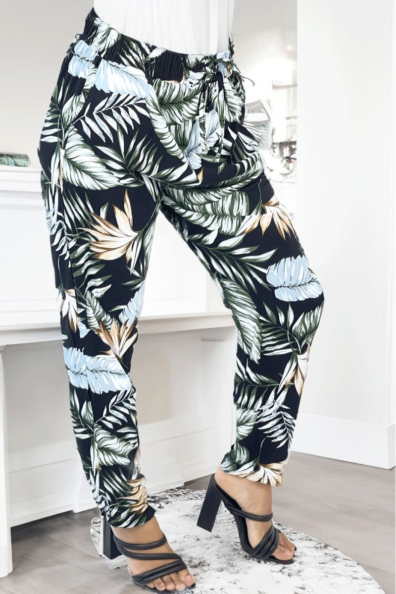 Straight-cut fluid black pants with blue and green leaf pattern - 2