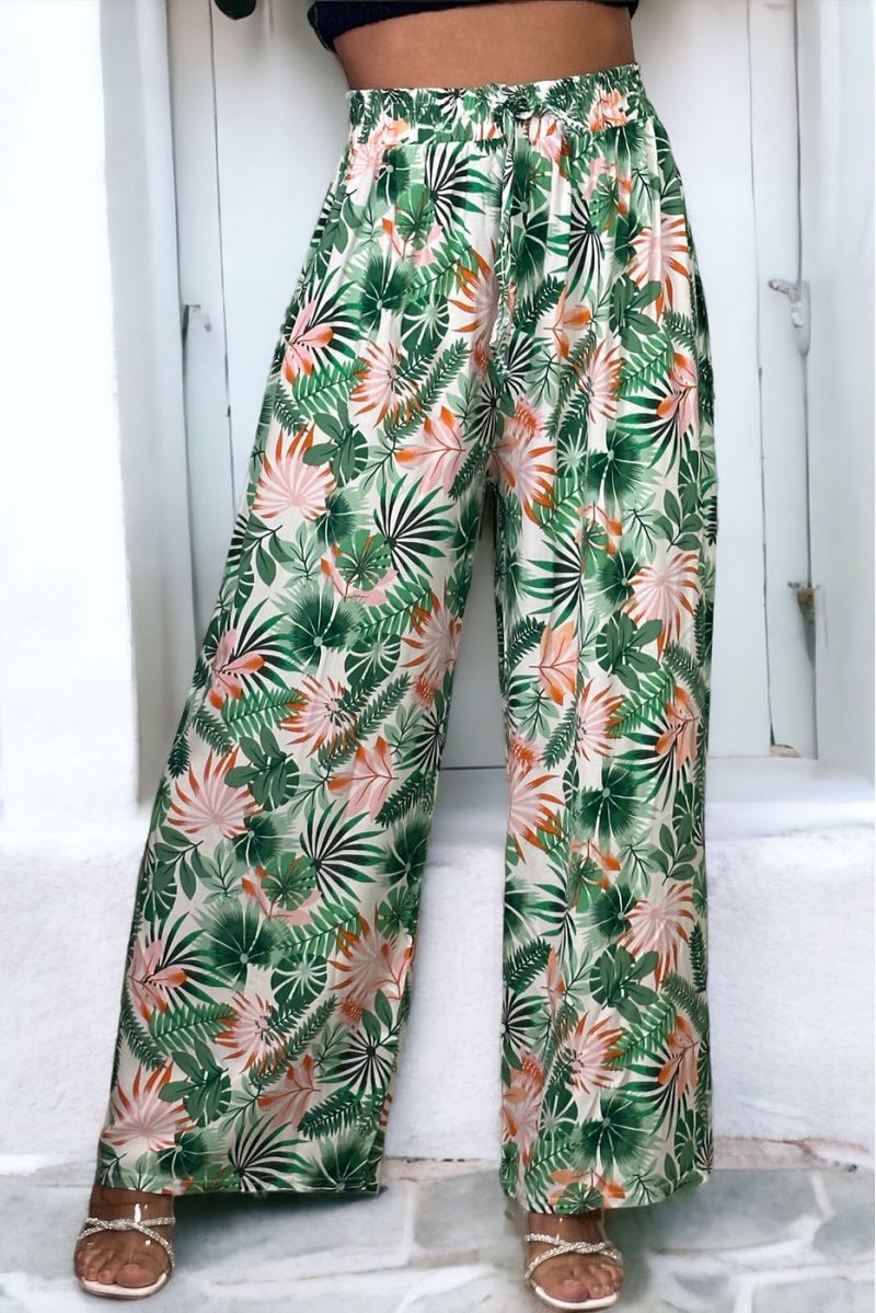 Pantalon palazzo vert imprimé tropical - 2