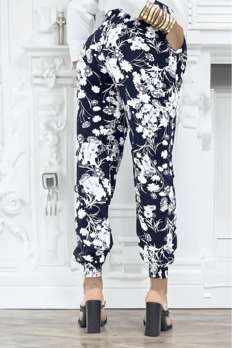 Navy fluid foliage trousers with elastic waist and ankles - 2