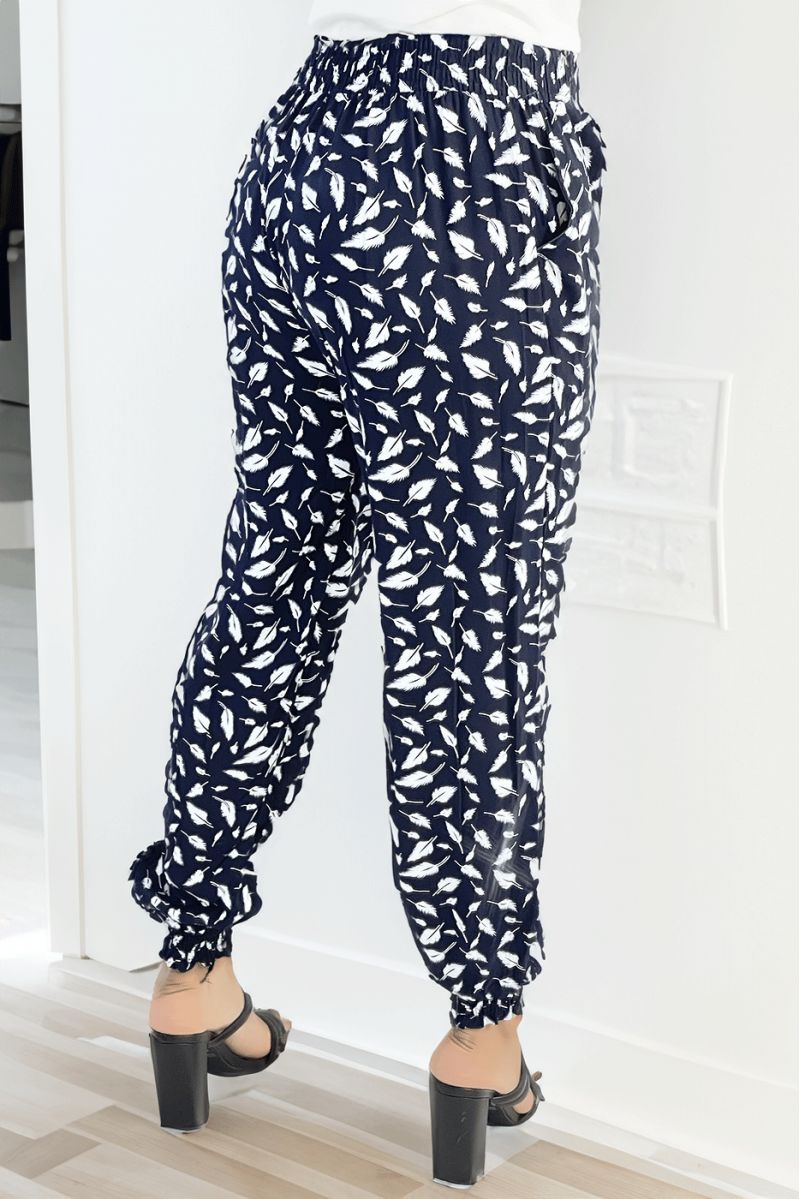 Wide navy pants with hundreds of feathers print - 3