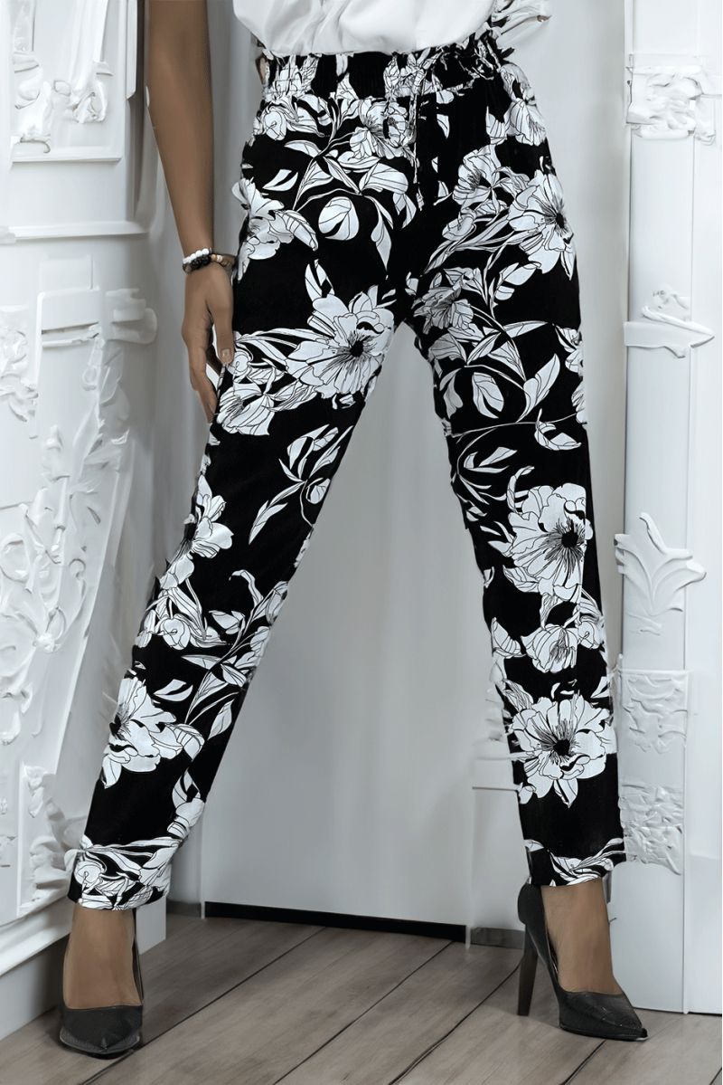 Fluid navy pants with floral pattern B-54 - 1