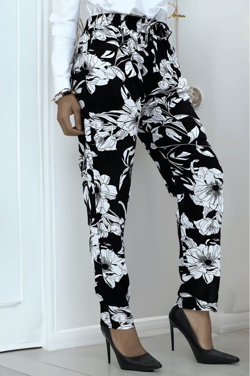 Fluid navy pants with floral pattern B-54 - 2