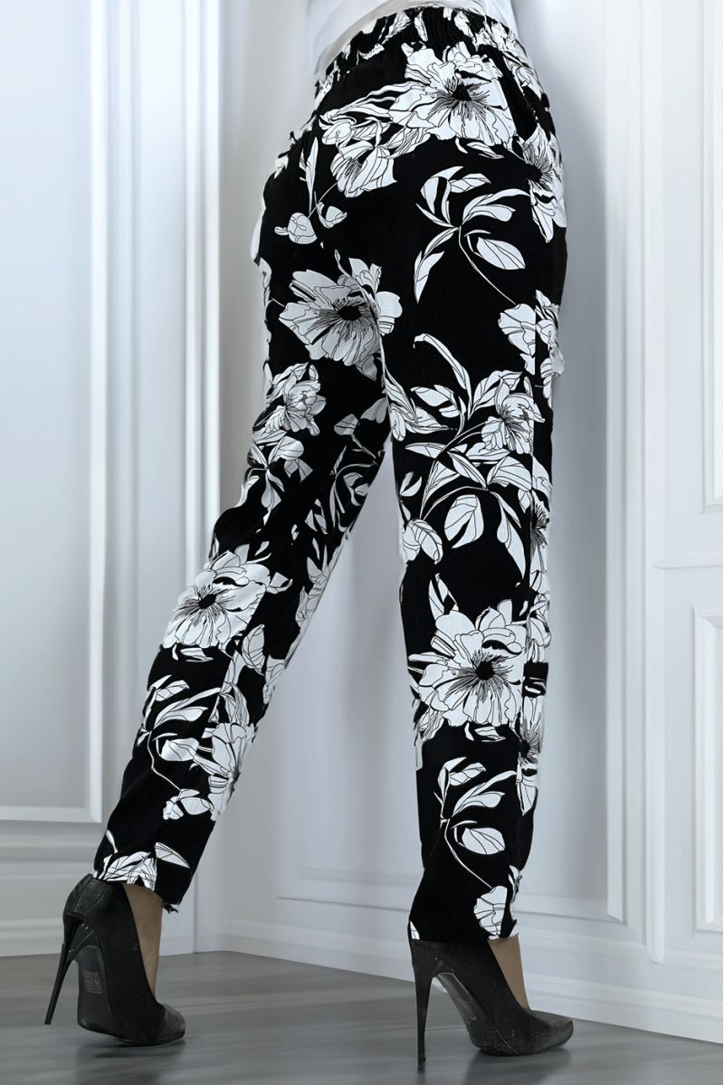 Fluid navy pants with floral pattern B-54 - 3