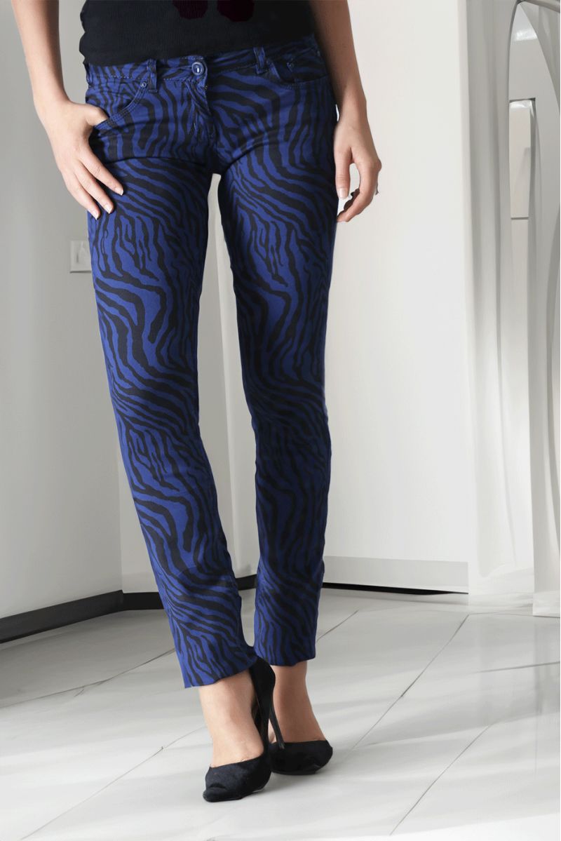 Midnight blue stretch jeans pants with pocket and black pattern S1317I - 1