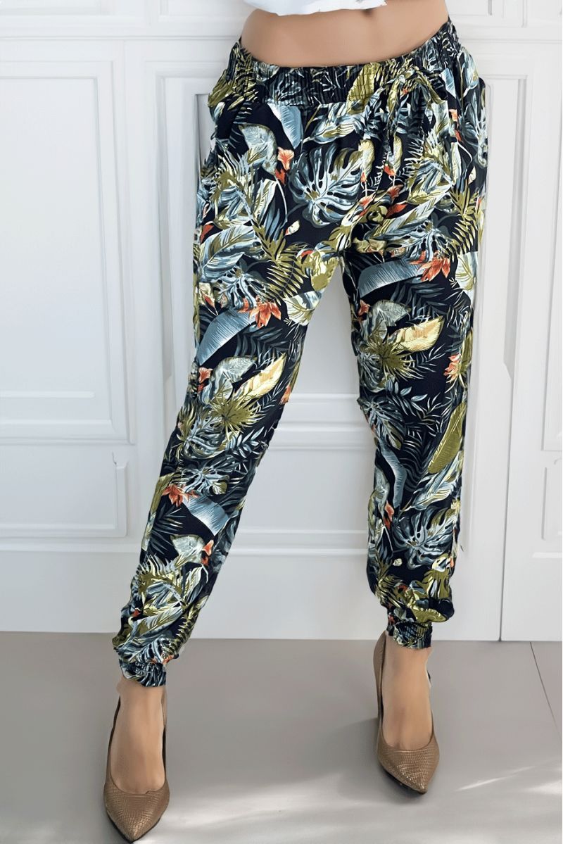 Fluid navy pants with multicolored tropical pattern - 1
