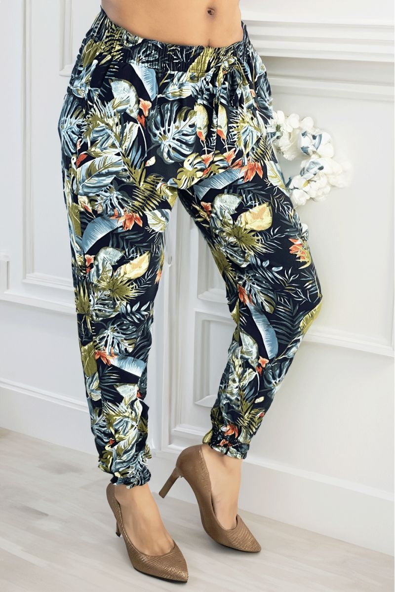Fluid navy pants with multicolored tropical pattern - 2