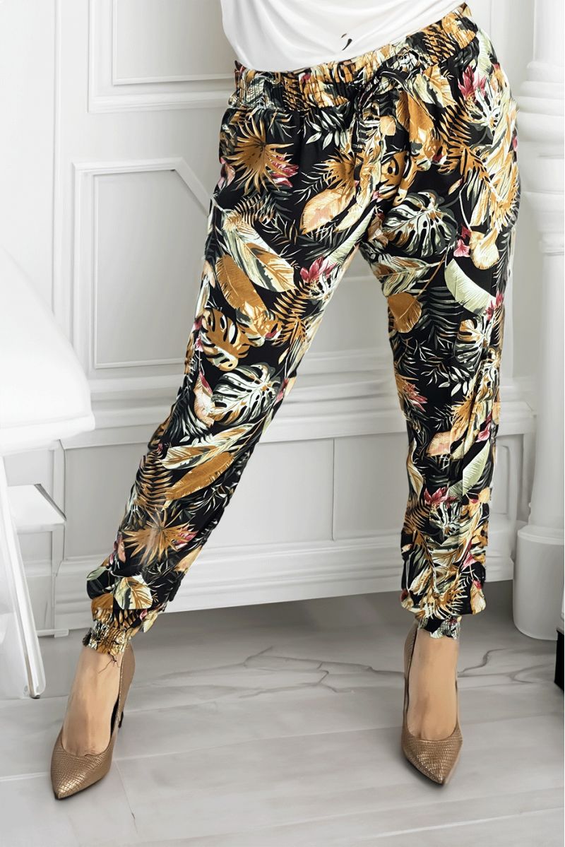 Fluid black pants with multicolored tropical pattern - 1