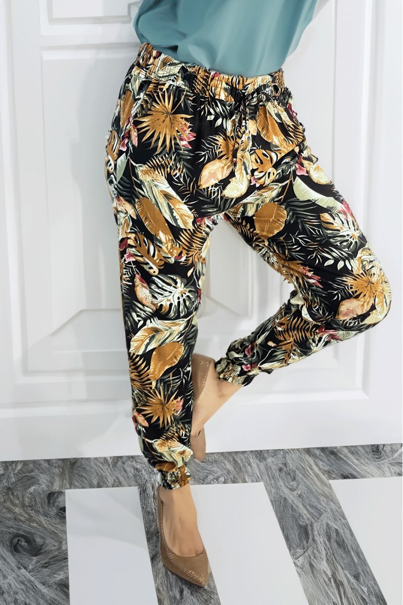 Fluid black pants with multicolored tropical pattern - 2