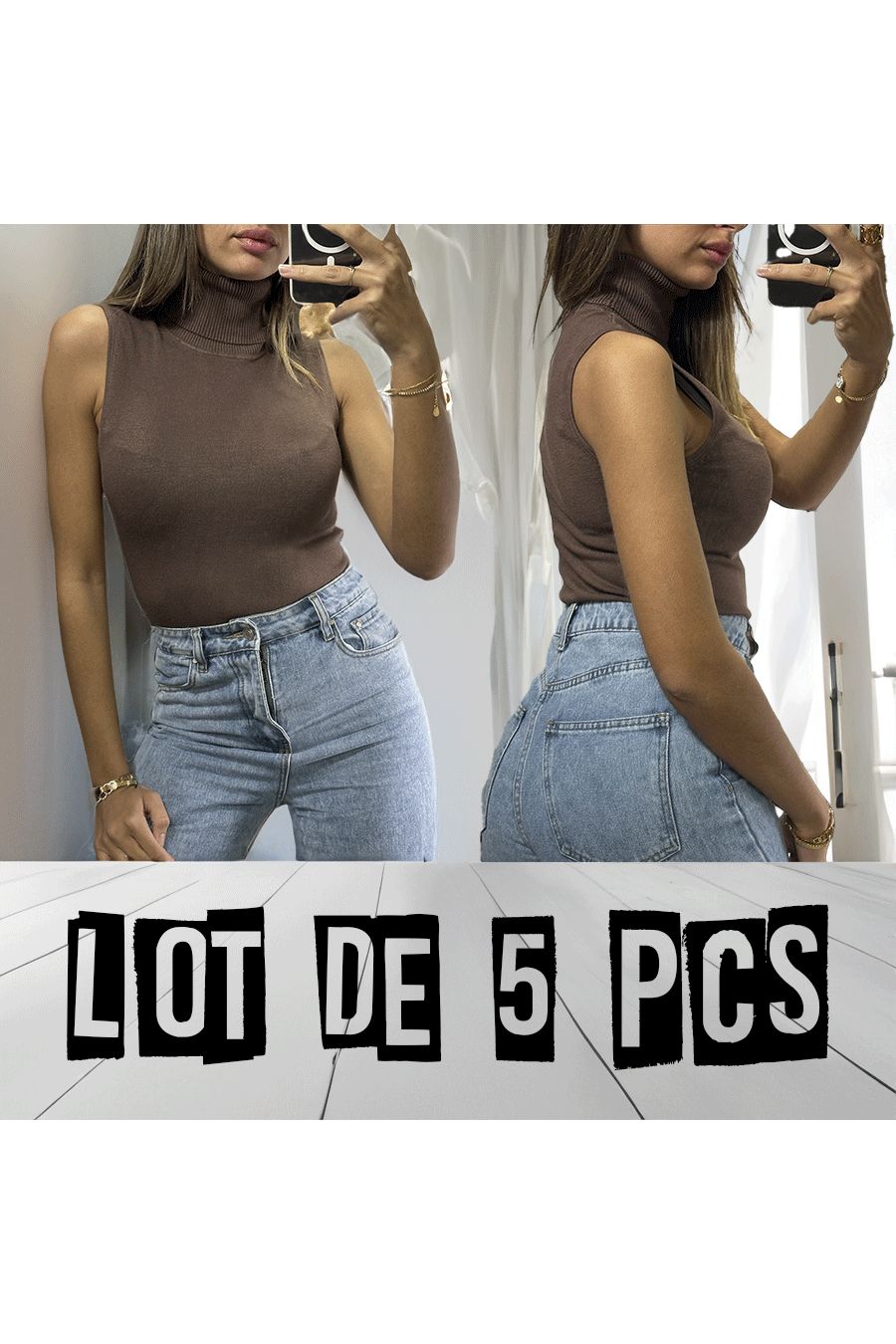 SET OF 5 Very stretchy chocolate sleeveless top - 1