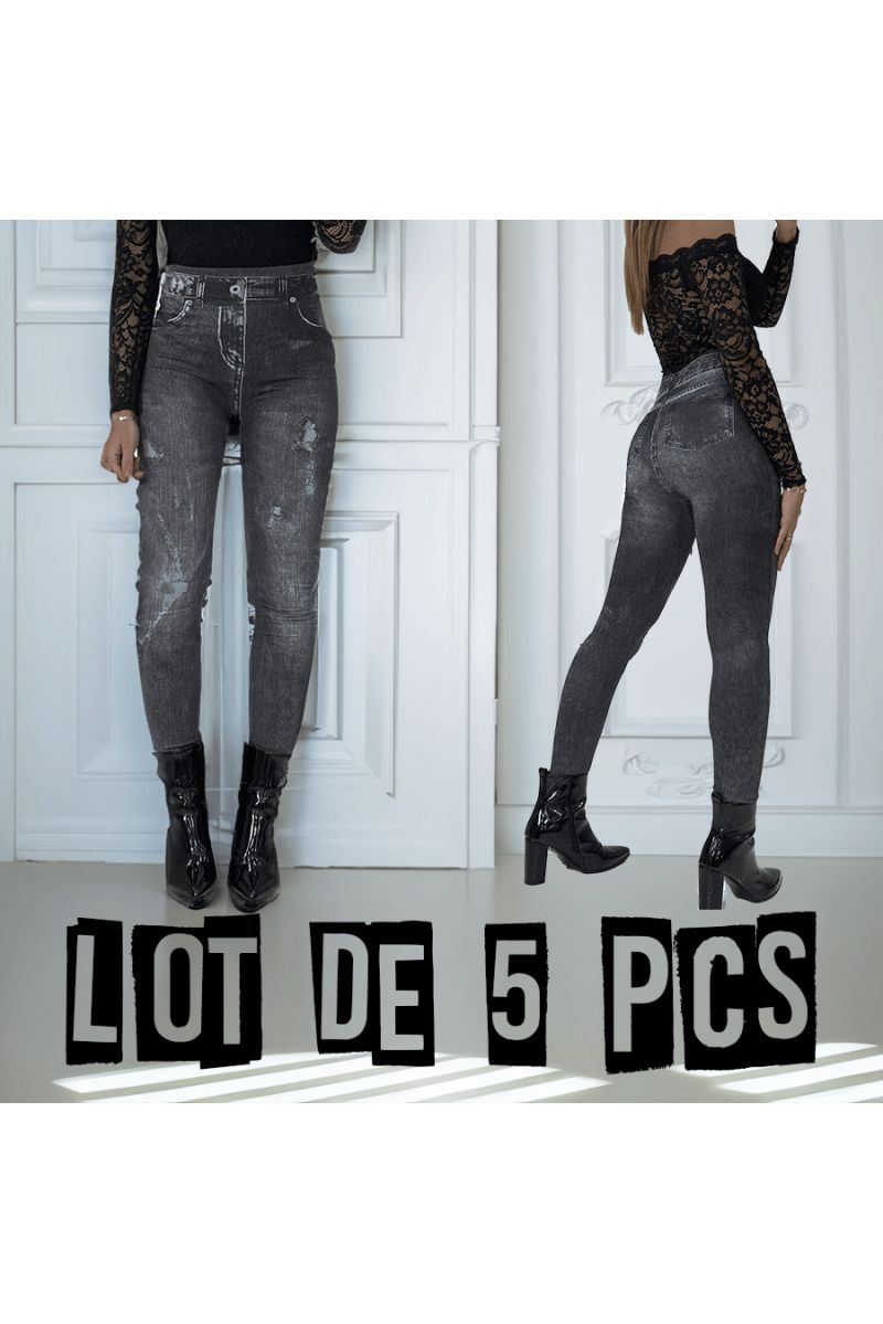 Pack of 5 high-waisted black leggings with denim pattern - 1