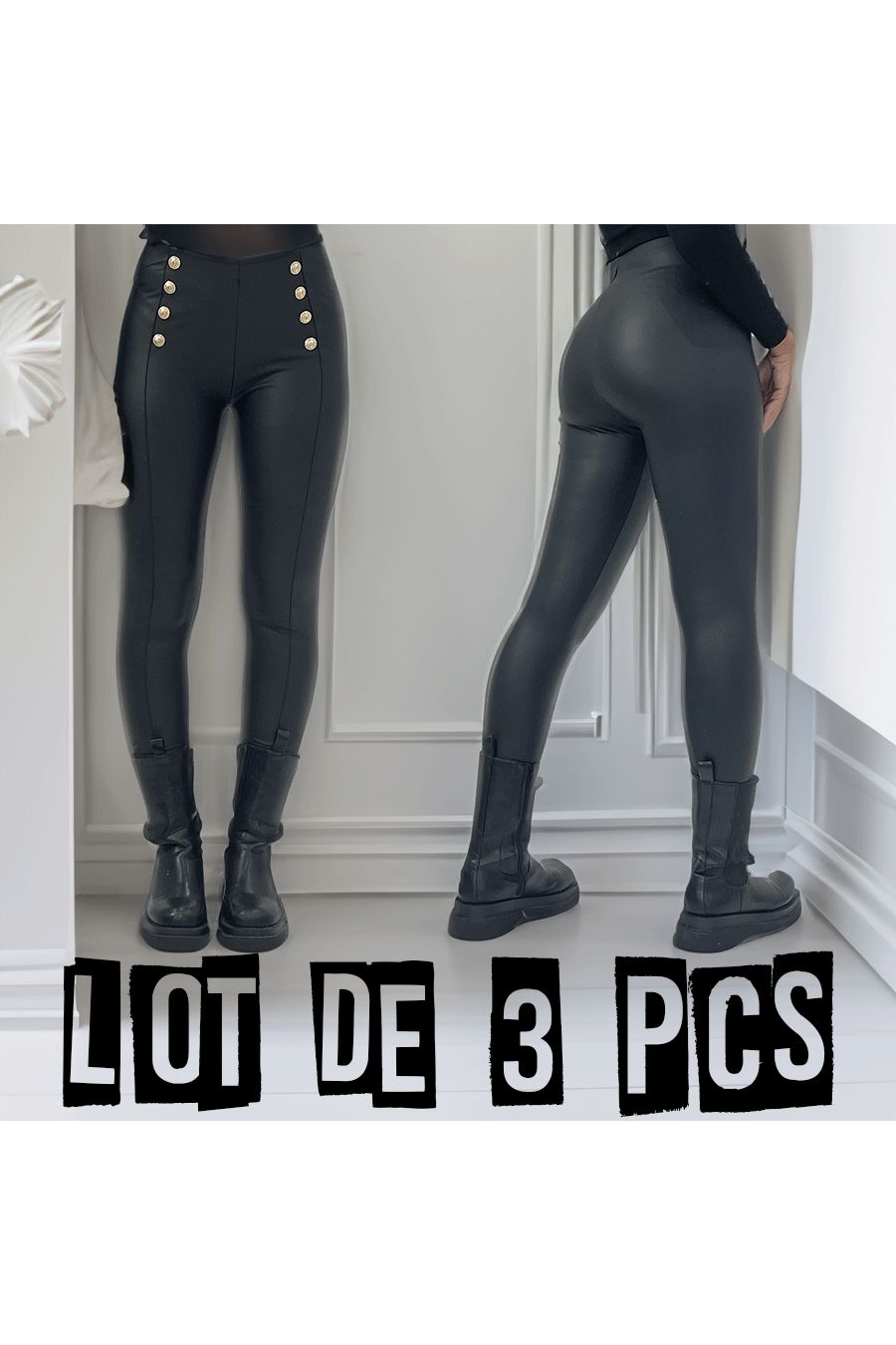 LOT DE 3 Pantalon slim noir en simili avec boutons doré