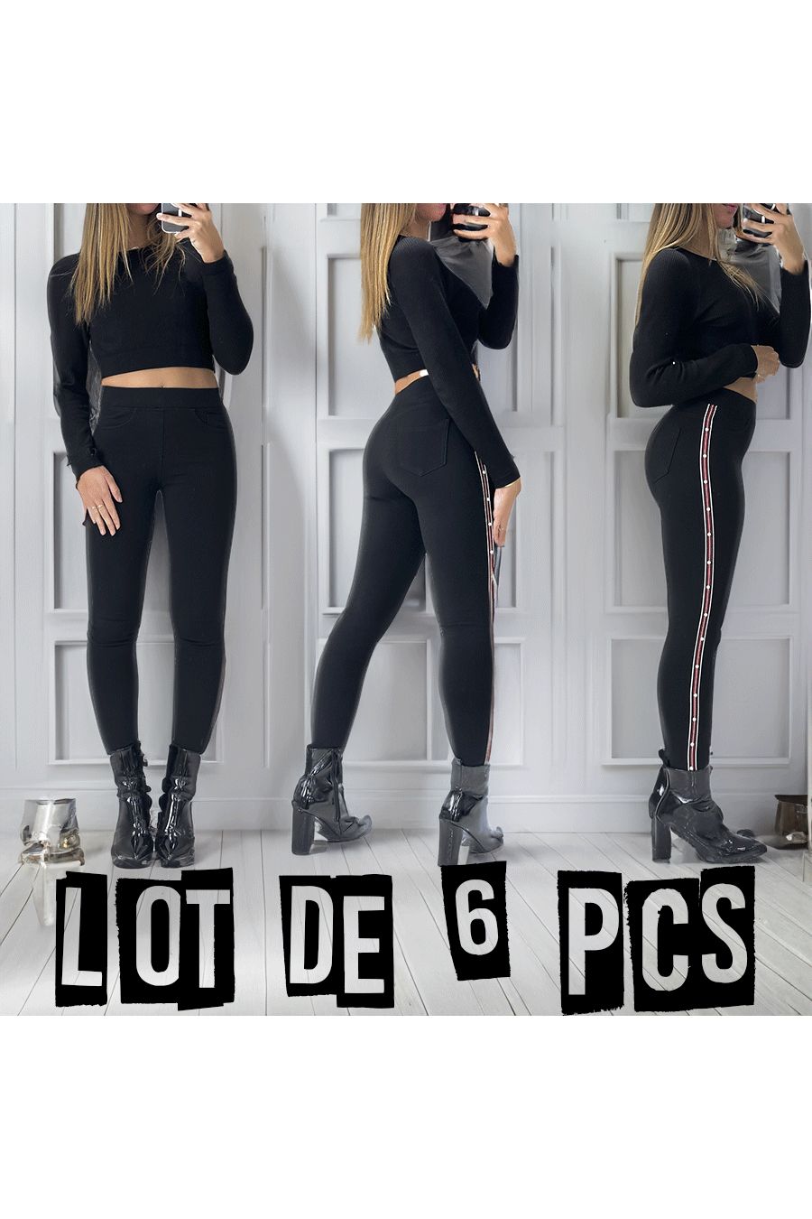 LOT DE 6 Pantalon slim noir à taille haute à bandes 