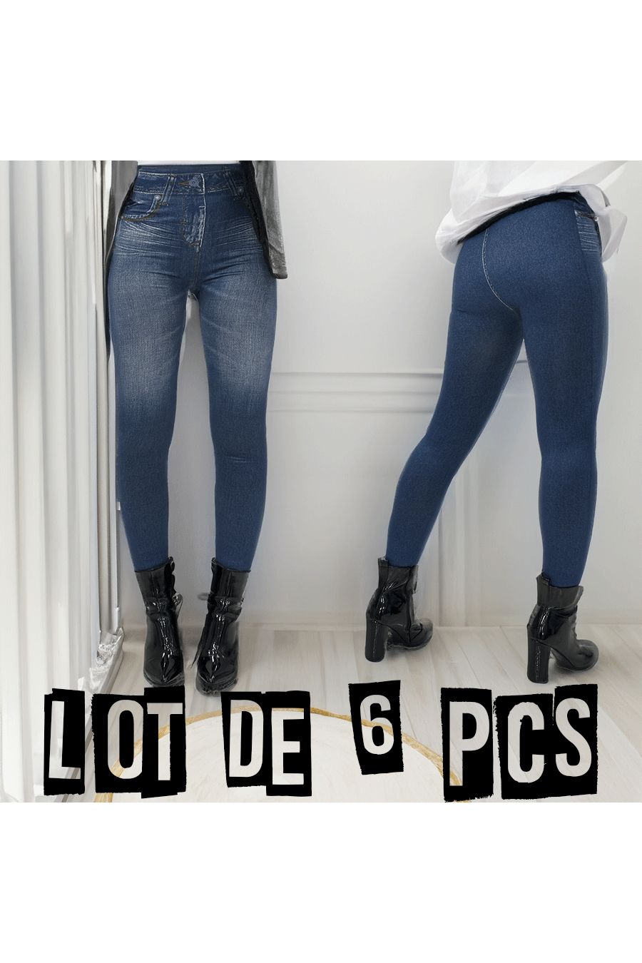 Legging bleu taille haute et molletonné motif jean délavé