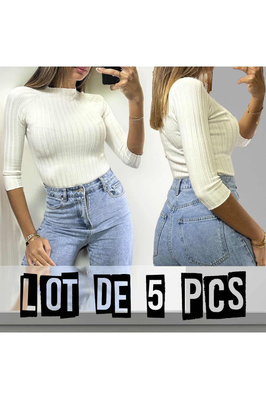 Lot de 5 Hauts manche 3/4 en maille côtelé blanc très extensible  - 1