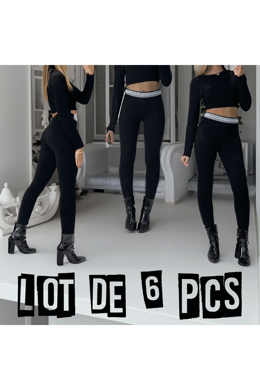 Lot de 6 Pantalons slim noir à fausses poches et perles à la taille