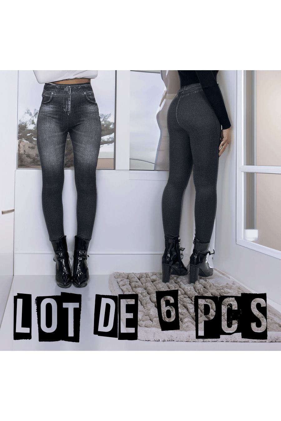 Set van 6 leggings van fleece met hoge taille en vervaagd denimpatroon - 1