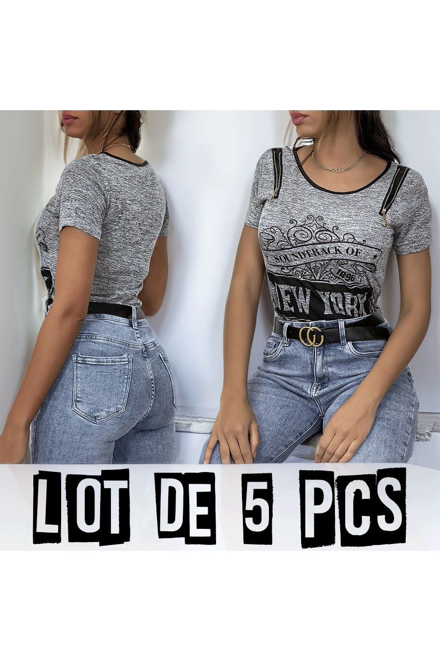 Lopt de 5 T-shirts gris imprimé avec fermeture eclair