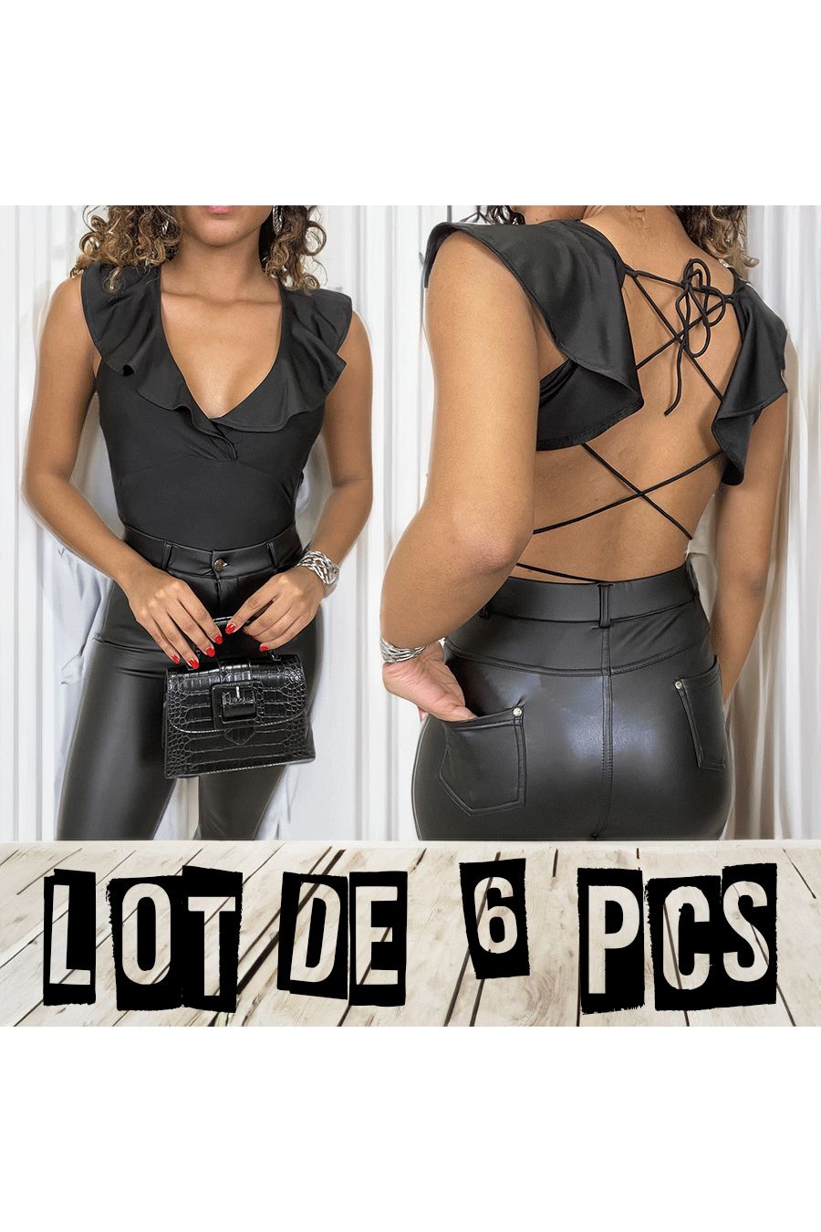 Lot de 6 Bodys noir à volant et laniére au dos